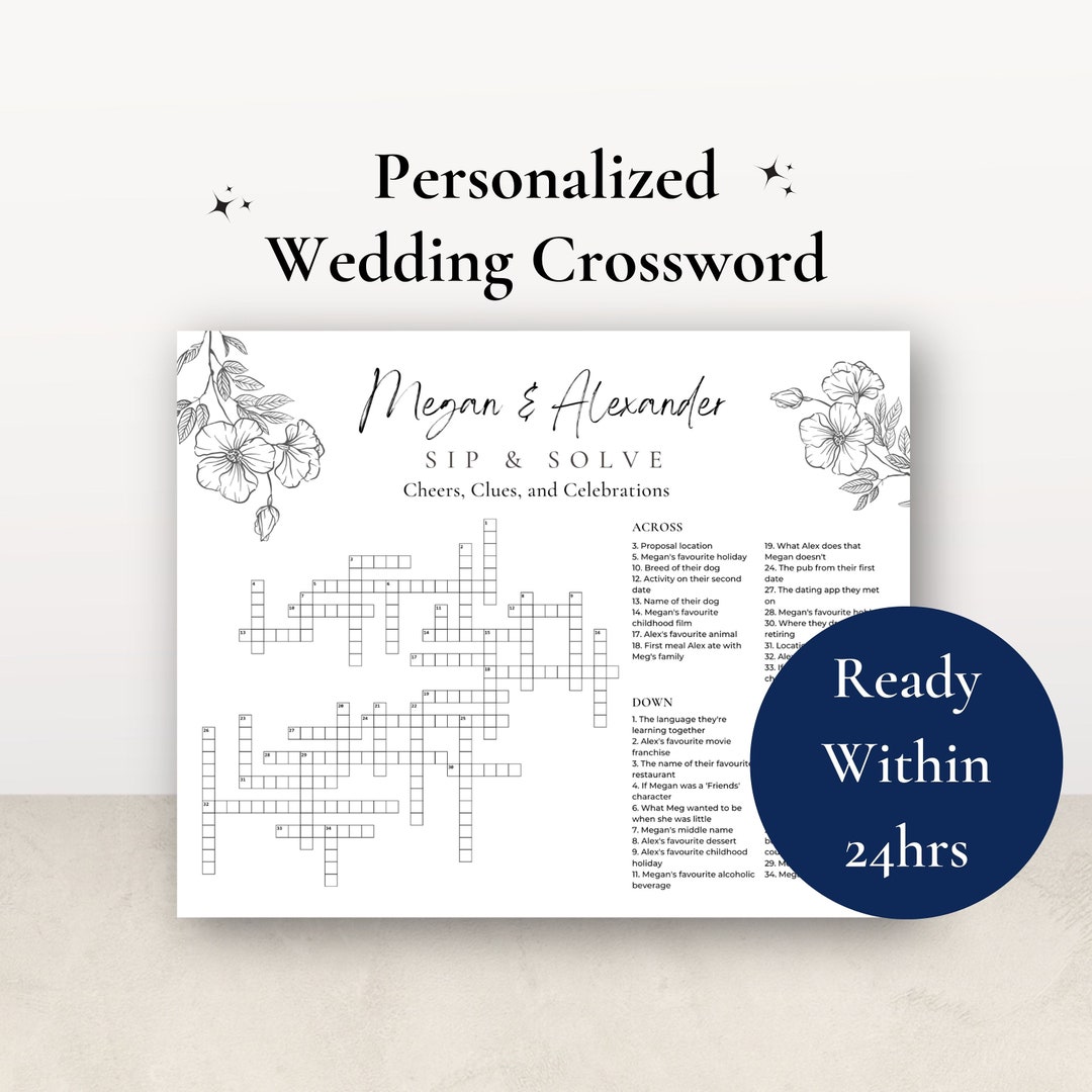 Floral Wedding Crossword Puzzle Custom Sip and Solve Wedding Guest Game