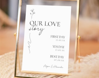 May include: A white sign in a gold frame with the text "OUR LOVE story" and the dates of a couple's first day, yes day, and best day. The dates are written as 13.05.XX, 13.05.XX, and 07.09.XX. The sign is signed "Megan & Alexander".