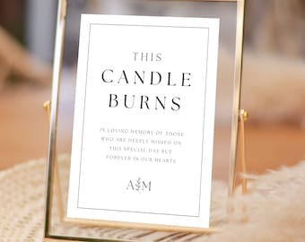 May include: A gold-framed sign with the text "THIS CANDLE BURNS IN LOVING MEMORY OF THOSE WHO ARE DEEPLY MISSED ON THIS SPECIAL DAY BUT FOREVER IN OUR HEARTS" and the initials "A&M" with a small floral design.