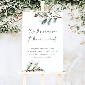 Modello di cartello di benvenuto per matrimonio invernale rustico, ramo di abete, pigna, matrimonio natalizio, decorazioni per matrimonio verdi, download immediato, NOELLE