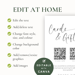 K&ouml;nnte beinhalten: Editierbare Vorlage f&uuml;r Karten und Geschenke mit einem gr&uuml;nen H&auml;kchen und dem Text "EDIT AT HOME". Die Vorlage kann mit Canva bearbeitet werden. Der Text "Cards & Gift" ist in Kursivschrift geschrieben. Zwei QR-Codes werden mit dem Text "CASH APP" und "VE" angezeigt. Der Text "EDITABLE WITH CANVA" ist in einem gr&uuml;nen Kreis mit einem wei&szlig;en Bleistift-Symbol geschrieben.