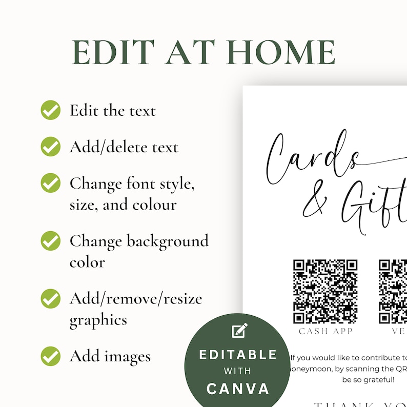 K&ouml;nnte beinhalten: Editierbare Vorlage f&uuml;r Karten und Geschenke mit einem gr&uuml;nen H&auml;kchen und dem Text "EDIT AT HOME". Die Vorlage kann mit Canva bearbeitet werden. Der Text "Cards & Gift" ist in Kursivschrift geschrieben. Zwei QR-Codes werden mit dem Text "CASH APP" und "VE" angezeigt. Der Text "EDITABLE WITH CANVA" ist in einem gr&uuml;nen Kreis mit einem wei&szlig;en Bleistift-Symbol geschrieben.