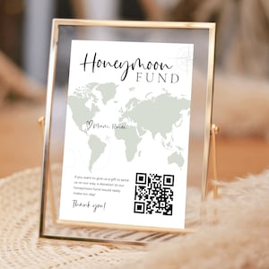 Signo de código QR del fondo de luna de miel, signo de deseo de luna de miel, mapa de Honeyfund, signo de boda moderno del código QR de Venmo, regalo en efectivo de boda, editable, plantilla