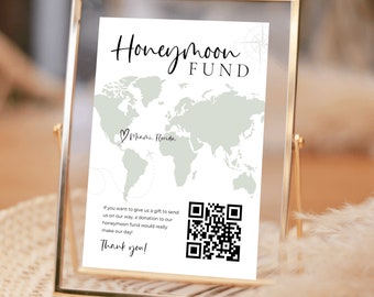 Signo de código QR del fondo de luna de miel, signo de deseo de luna de miel, mapa de Honeyfund, signo de boda moderno del código QR de Venmo, regalo en efectivo de boda, editable, plantilla
