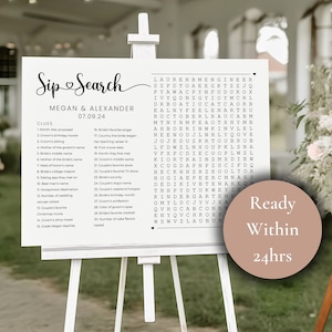 May include: A printable wedding game with a word search puzzle. The puzzle is titled "Sip & Search" and features the names Megan & Alexander and the date 07.09.24. The puzzle includes clues for wedding-related questions.