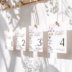 Modello di scheda con numero di tavolo a fiori di campo, schede con numero di tavolo Boho, biglietto da tavolo per matrimoni stampabile, download istantaneo modificabile