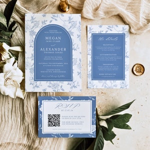 Chinoiserie Wedding Invite RSVP with QR | Blue Porcelain Floral Line Art | Botanical Invitation | Classic Wedding Invitation Template PEONY