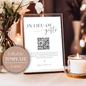 Signo mínimo en lugar de regalos, donación benéfica de boda, señalización de boda con código QR, signo de regalo benéfico, plantilla imprimible de regalo de boda moderna