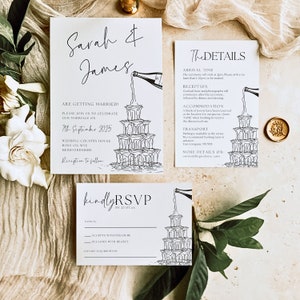 Hand Drawn Wedding Invitation Template, Scribble Illustrated Champagne Tower Invitation, Handwritten Whimsical Invitation, Instant Download