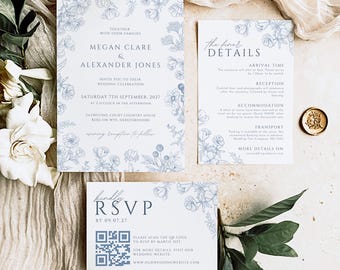 Puede incluir: Un conjunto de invitaciones de boda con un diseño floral azul. La invitación incluye los nombres de la pareja, la fecha de la boda y la ubicación. La tarjeta RSVP incluye un código QR y una dirección de sitio web. La tarjeta de detalles incluye información sobre la ceremonia y la recepción de la boda.