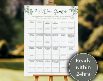 May include: A printable first dance sweepstake game with a green leafy border. The game features a grid of song titles, including "Perfect" by Ed Sheeran, "It's  a  Love" by Etta James, and "Can't Help Falling in Love" by Elvis Presley. The text "Ready within 24hrs" is at the bottom of the page.