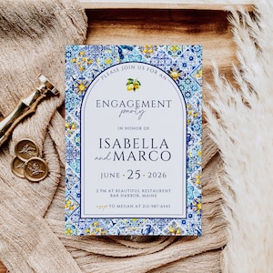 Blue Tiles Lemon Engagement Party Invite, Couples Shower Mediterranean Invite, Italian Bridal Shower Invitation, Instant Download, CHIARA