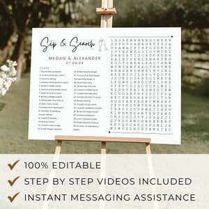 May include: A printable wedding game with a black and white word search puzzle. The puzzle is titled "Sip & Search" and includes the names Megan & Alexander and the date 07.09.24. The puzzle includes a list of clues and a grid of letters to find the answers.