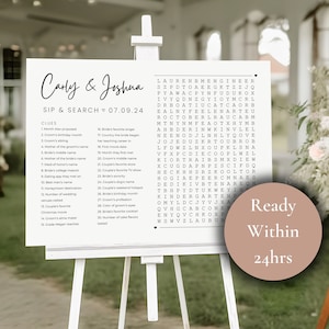 May include: A white board with a wedding-themed word search puzzle. The puzzle features the names Carly & Joshua and the date 07.09.24. The puzzle is surrounded by a black border and has a heart at the bottom. The text "Ready Within 24hrs" is written in a circle on the right side of the board.