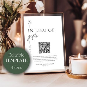 Letrero de "En lugar de regalos" / Donación benéfica para bodas / Señalización de boda con código QR / Letrero de regalo benéfico / Plantilla de boda imprimible GRACE