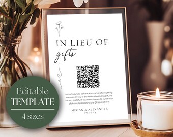 In Lieu Of Gifts Sign | Wedding Charity Donation | QR Code Wedding Signage | Charity Gift Sign | Printable Wedding Template GRACE