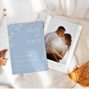 Réservez vos dates pour mariage floral bleu poussiéreux minimaliste | Modèle modifiable | Réservez notre date | Téléchargement instantané Canva | AZALÉE