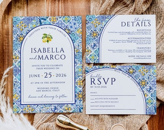 Mediterranean Tile Wedding Invite Suite, Italian Lemon and Tile Wedding Invite, Arch Invite, Editable Template, Instant Download, CHIARA