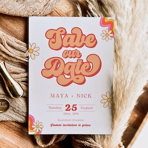 Retro Save the date bild vorlage zum ausdrucken | Groovy 60er 70er 80er Hochzeit Disko | Boho und rustikale Hochzeit | Bearbeitbare Vorlage NOVA