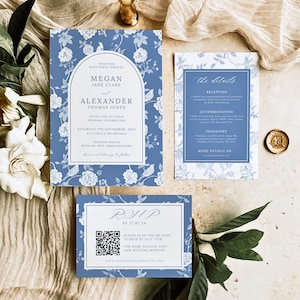 Chinoiserie Wedding Invite RSVP with QR | Blue Porcelain Floral Line Art | Botanical Invitation | Classic Wedding Invitation Template PEONY