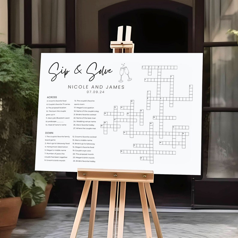 Wedding Crossword Puzzle Extra Large Minimalist Sip & Solve Giant Crossword Puzzle Personalized Bridal Shower Crossword Wedding Guest Games