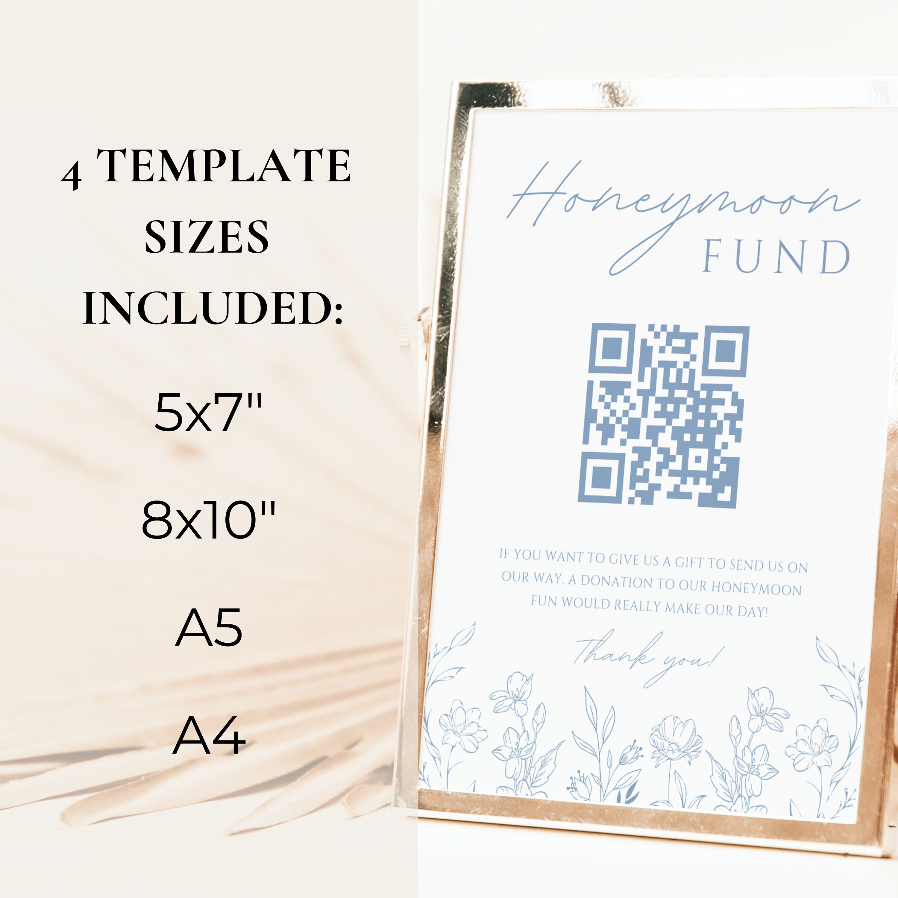 Dusty Blue Honeymoon Fund QR Code Sign Template, Custom Honeymoon Fund ...