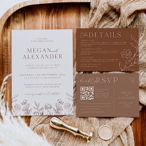 Boho Burnt Orange Wedding Invitation Suite, Terracotta Wedding Invitation Template Set, Fall Floral Wedding Invite Suite, RSVP QR Code AMBER