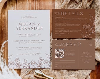 Boho Burnt Orange Wedding Invitation Suite, Terracotta Wedding Invitation Template Set, Fall Floral Wedding Invite Suite, RSVP QR Code AMBER
