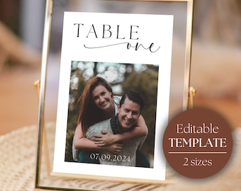 May include: A white table number card with black text that reads "TABLE one" and a photo of a couple. The date "07.09.2024" is printed below the photo. The card is in a gold frame and the text "Editable TEMPLATE 2 sizes" is printed on a brown circle.