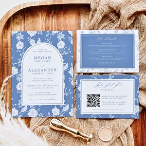 Chinoiserie Wedding Invite RSVP with QR | Blue Porcelain Floral Line Art | Botanical Invitation | Classic Wedding Invitation Template PEONY