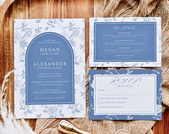 Puede incluir: Un conjunto de invitaciones de boda floral azul y blanco con fondo blanco y detalles florales azules. La invitación incluye los nombres Megan Jane Clare y Alexander Thomas Jones, la fecha sábado 7 de septiembre de 2024 y la ubicación Country House, Ross-on-Wye, Herefordshire. La tarjeta RSVP incluye la fecha 27.07.24 y las opciones de aceptar con gusto, declinar con pesar y requisitos dietéticos.