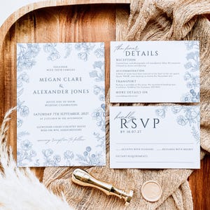 Dusty Blue Toile De Jouy Wedding Invitation Template Vintage Spring Floral Chinoiserie Wedding Shower Invite Download DAHLIA