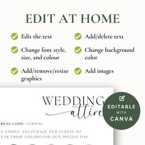 Może przedstawiać: Edytowalny szablon stroju ślubnego z zielonym znacznikiem wyboru i tekstem "EDITABLE WITH CANVA". Szablon zawiera tekst "WEDDING attire" w ozdobnym kroju pisma oraz tekst "DRESS CODE: FORMAL" i "WE KINDLY ENCOURAGE OUR GUESTS TO WEAR THESE COLORS FOR OUR SPECIAL DAY".