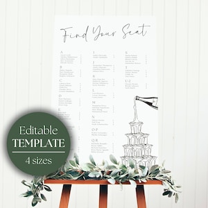 Może przedstawiać: Drukowany szablon planu rozsadzenia gości weselnych z ilustracją fontanny szampana. Szablon jest edytowalny i dostępny w czterech rozmiarach. Tekst "Find Your Seat" znajduje się na górze planu.