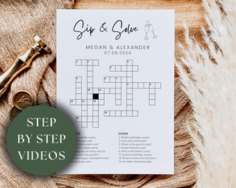 Benutzerdefinierte Kreuzworträtsel für Hochzeiten, minimalistisches Trinken und Lösen von Rätseln für Hochzeitstischspiele. Benutzerdefinierte Kreuzworträtsel-Vorlage für Hochzeitsgastspiele