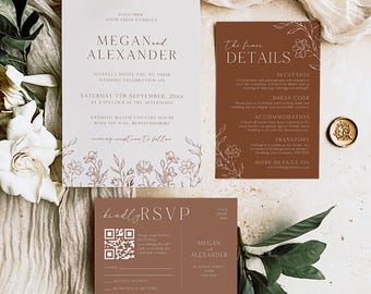 Boho Burnt Orange Wedding Invitation Suite, Terracotta Wedding Invitation Template Set, Floral Wedding Invite Suite, RSVP QR Code AMBER