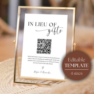 Insegna al posto dei regali / Donazione di beneficenza per matrimonio / Segnaletica per matrimonio con codice QR / Insegna regalo di beneficenza / Modello di matrimonio stampabile