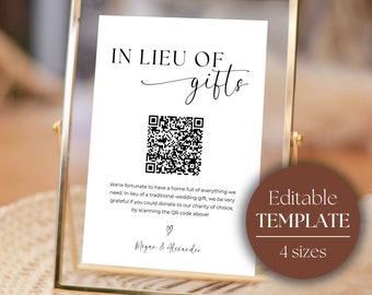 In Lieu Of Gifts Sign | Wedding Charity Donation | QR Code Wedding Signage | Charity Gift Sign | Printable Wedding Template