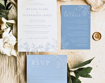 Floral Dusty Blue Minimalist Wedding Invitation Bundle Editable Templates | Wedding Invitation Suite With RSVP Instant Download | AZALEA