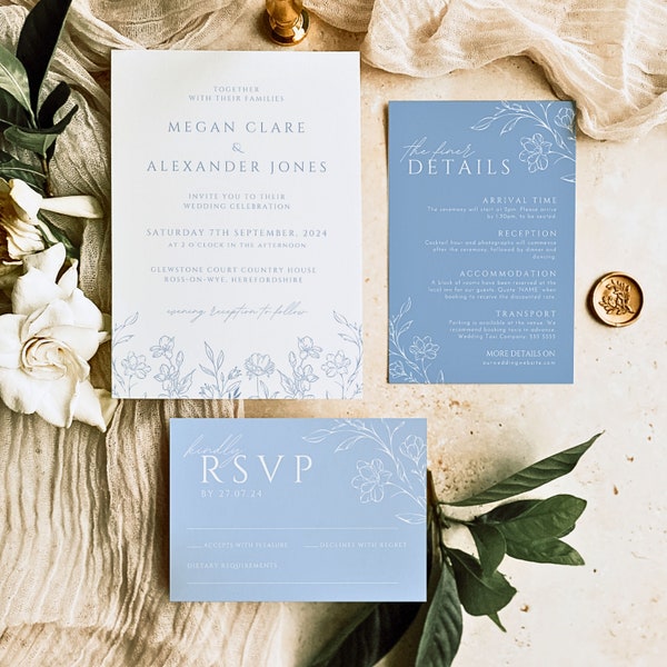 Ensemble de faire-part de mariage minimaliste floral bleu poussiéreux modèles modifiables | Suite d'invitations de mariage avec RSVP à téléchargement immédiat | AZALÉE