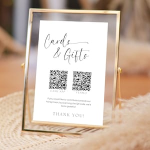 Sinal de mesa de presente com código QR | Sinal do fundo de lua de mel | Sinal de código QR de casamento | Sinais de casamento modernos | Sinal de presente de casamento | Placa de cartões e presentes