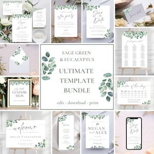 Pacchetto di modelli per matrimonio Ultimate Sage Green Eucalyptus, set di modelli per inviti di matrimonio, modello modificabile, pacchetto per matrimonio Sage Green