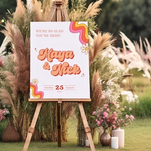 Plantilla de signo de boda de bienvenida, signo de boda Boho de los años 70, signo de bienvenida de boda rosa y naranja, signo personalizado de descarga instantánea, fuente retro, NOVA