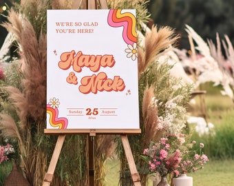 Willkommen Hochzeitsschild Vorlage, Boho 70er Jahre Hochzeitsschild, Rosa & Orange Hochzeit Willkommensschild, sofortiger Download benutzerdefiniertes Zeichen, Retro Schriftart, NOVA