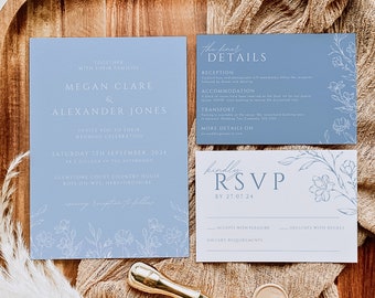 Dusty Blue Wedding Invitation Suite | Wedding Details Card | Printable Rsvp | Blue Floral Template Download | Digital Download | AZALEA