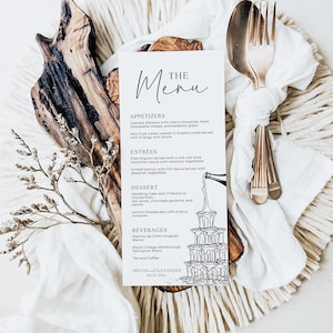 Modèle de menu de mariage tour de champagne, menu du petit déjeuner de mariage, mariage lunatique de Style Français dessiné à la main, menu imprimable, téléchargement immédiat