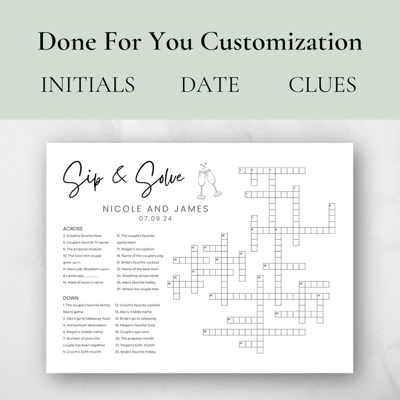 Wedding Crossword Puzzle Extra Large Minimalist Sip & Solve Giant Crossword Puzzle Personalized Bridal Shower Crossword Wedding Guest Games