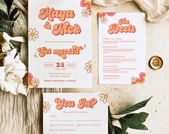 Retro bruiloft uitnodigingsbundel, groovy uitnodigingcanva sjabloon, RSVP en details kaart, boho 70s bruiloft uitnodiging, bewerkbare sjablonen NOVA