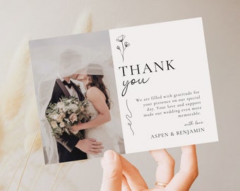 Minimalist Wedding Thank You Card With Photo | Thank You Wedding Card | Flat Lay Template | Thank You Photo Cards | Instant Download | GRACE