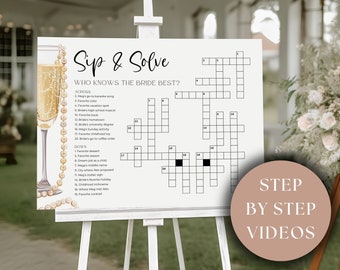 Könnte beinhalten: Ein weißes Schild mit einem Kreuzworträtsel darauf. Das Schild lautet "Sip & Solve Who Knows the Bride Best?" und hat eine Liste von Hinweisen quer und runter. Das Schild steht auf einem Staffelei und in der rechten unteren Ecke befindet sich ein Schild mit Schritt-für-Schritt-Videoanweisungen.